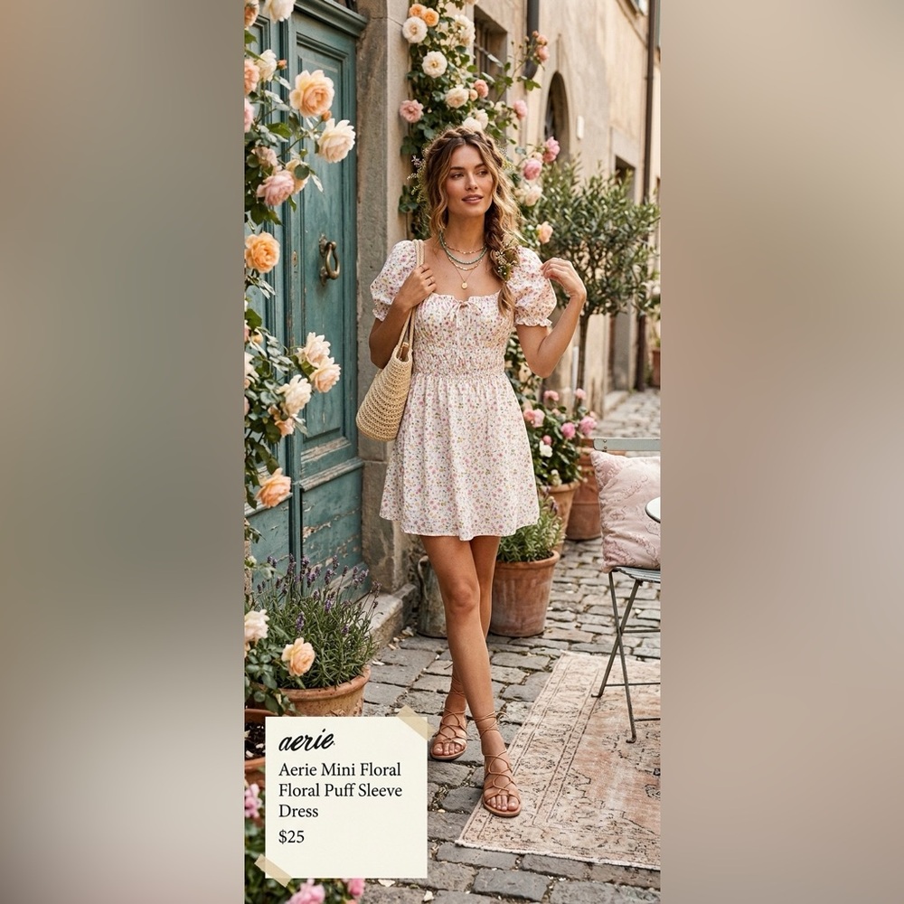 Aerie Mini Floral Floral Puff Sleeve Dress Cinched-Waist M Cottagecore‎ Feminine